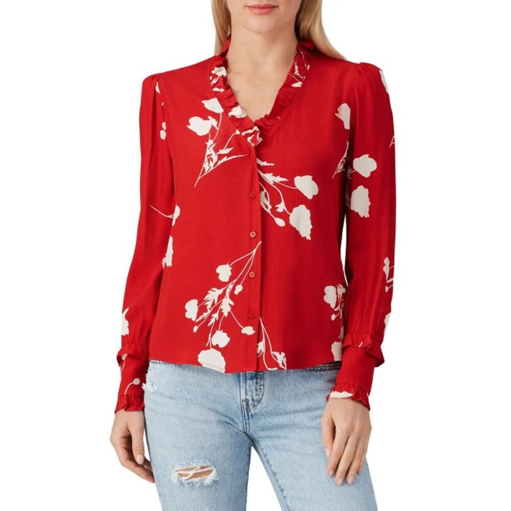 ba&sh Red Floral Ruffle V-Neck Button Front Blouse